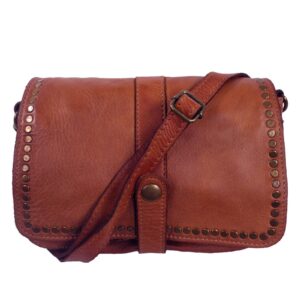 Sac bandoulière cuir vintage marron clouté Gena